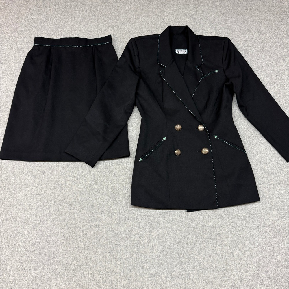 Smiths Aspen Skirt Suit 10 Black Wool Western Sterling Silver Turquoise Beaded